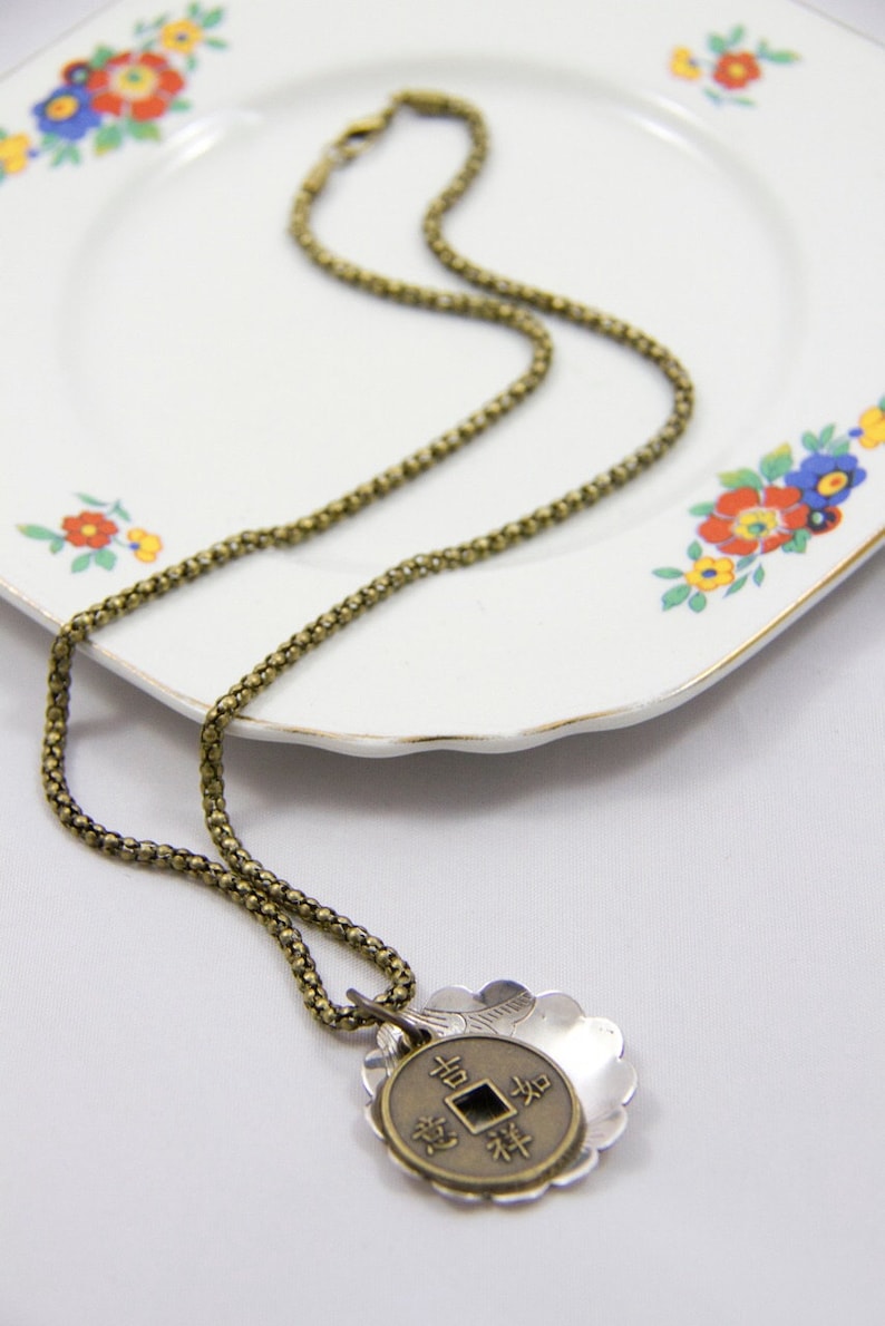 Antique Brass necklace Chinese Silvertoned and Brass Charm Pendant