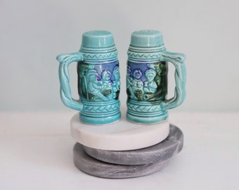 Teal Salt and peppers, Beer Stein salt and peppers, made in Japan, porcelain, teal blue glaze