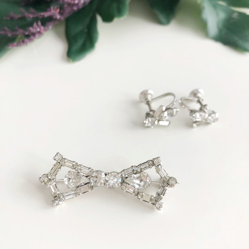 Old Hollywood jewelry Art Deco Rhinestone set Jay Flex Sterling brooch and earrings Signed jewelry