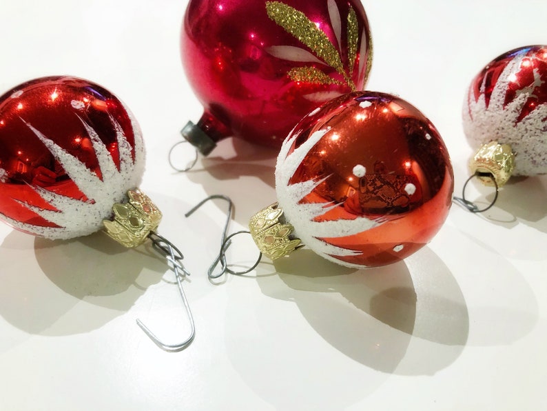 red hand painted ornaments Vintage glass ornaments made in Poland mixed set of vintage ornaments