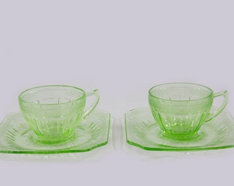 Depression glass cups and saucers, Adam green depression glass, Jeanette depression glass