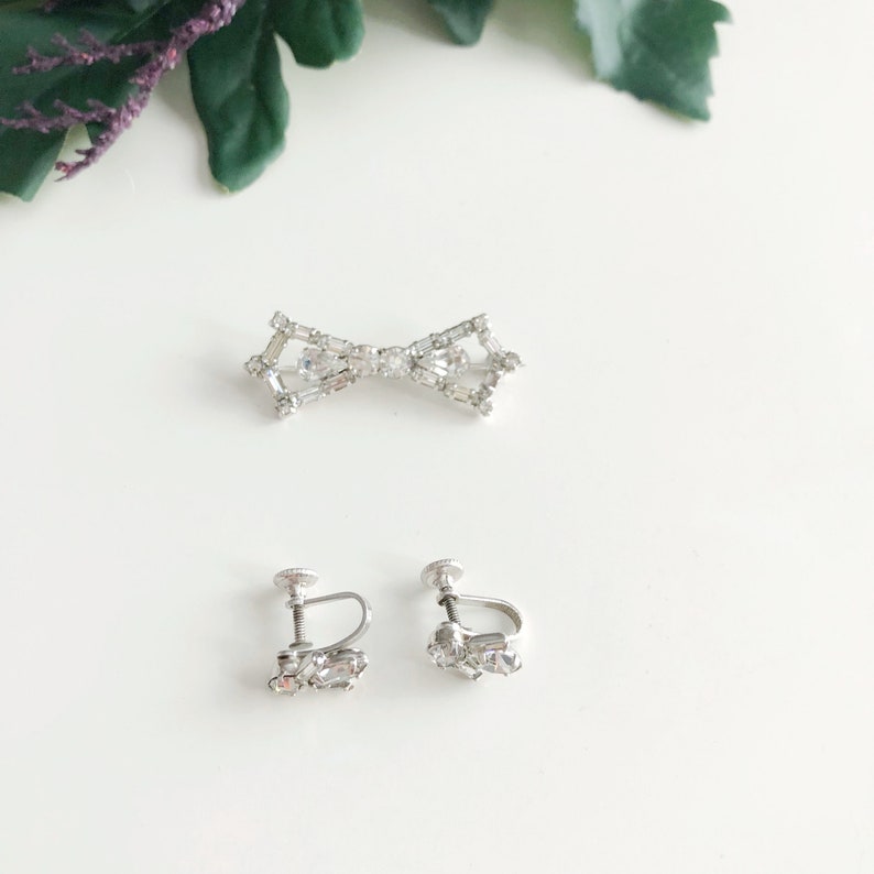 Old Hollywood jewelry Art Deco Rhinestone set Jay Flex Sterling brooch and earrings Signed jewelry