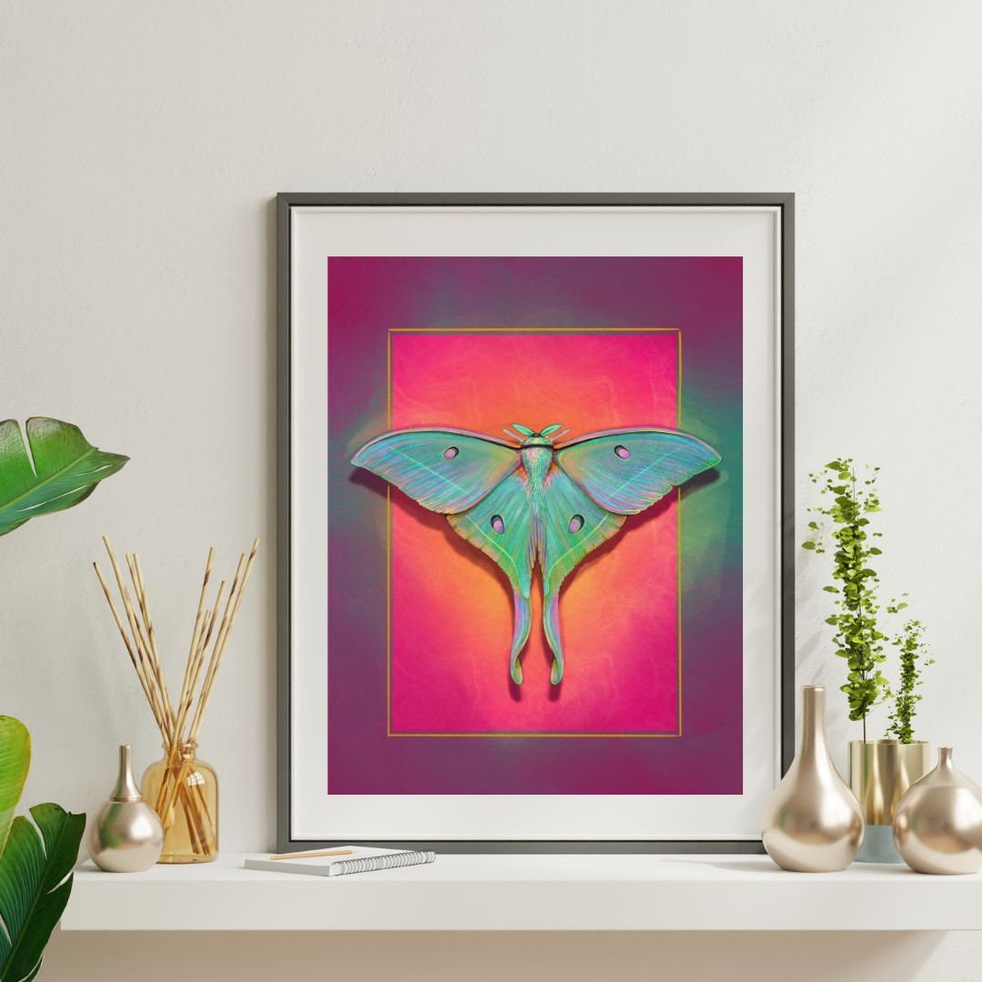 Luna Moth Art Print / Bug Art Print / Funky Home Decor / Pink Wall Art ...
