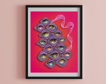 Hot Pink Eye Print / Hot Pink Art Print / Pastel Decor / Funky Home Decor / Pink Wall Art / Surreal Wall Art /