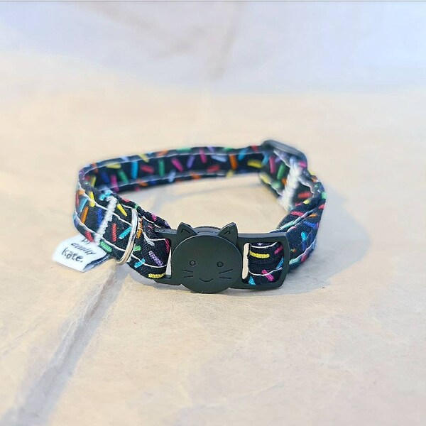 Australian handmade 100% cotton cat collar: colourful sprinkles on black