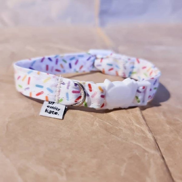 Australian handmade 100% cotton cat collar: colourful sprinkles on white