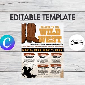 Wild West Themed Editable Teacher Appreciation Week | Staff Appreciation Week Template Flyer | Cowboy Theme