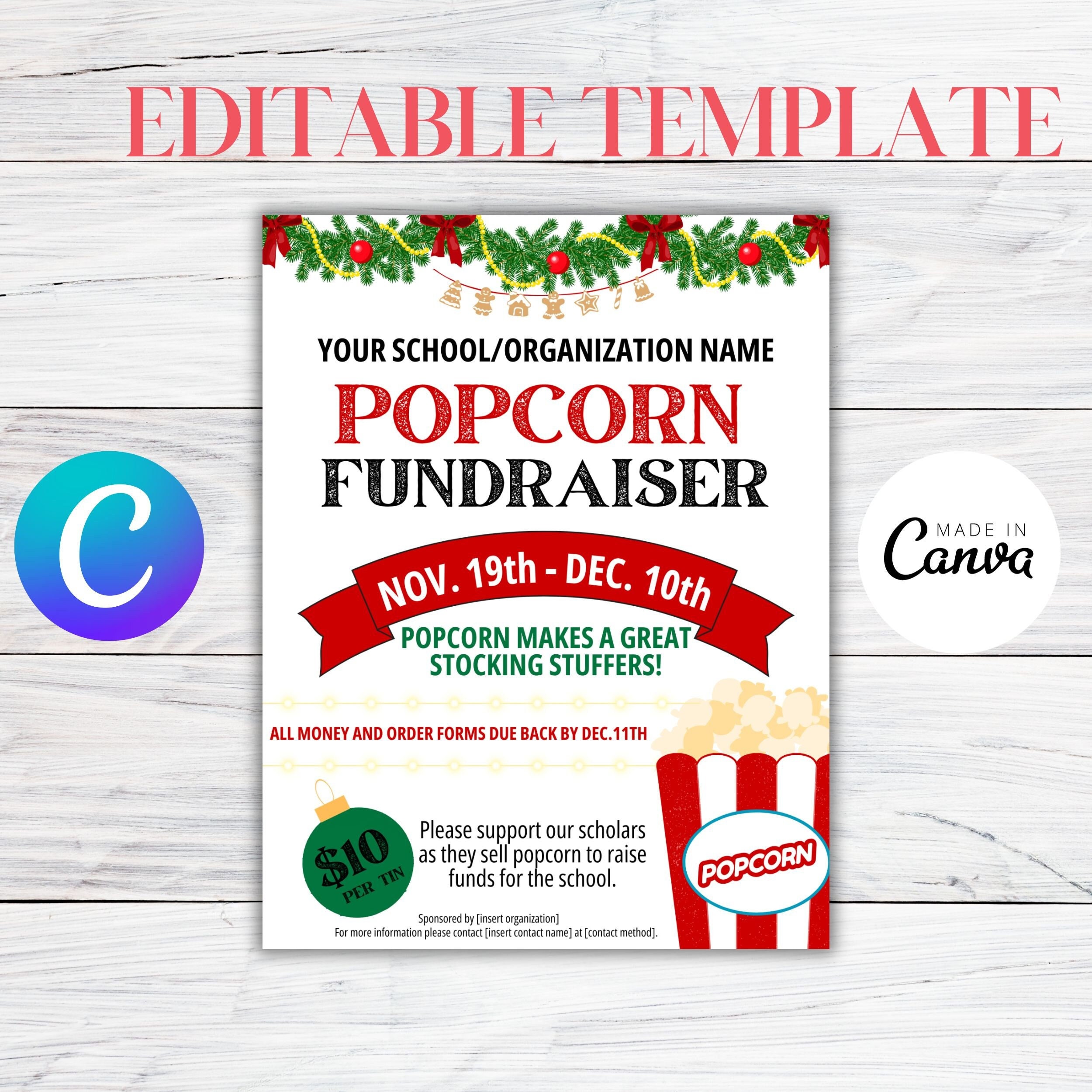 Editable Christmas Themed Popcorn Fundraiser Flyer Template, Event