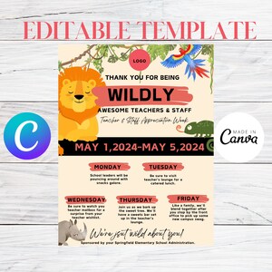Jungle-Themed Editable Teacher Appreciation Week | Staff Appreciation Week Template Flyer- Jungle-Themed