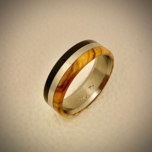 buffalo horn and olive wood ring overlay titanium or stainless core genuine horn ring tricolor