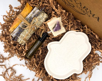 Palm Sage Tray Gift Box | Raw Amethyst | Lavender Sage Bundle | Witchy Gift Box | Get Well Gift | Spiritual Gift |   GiftBirthday