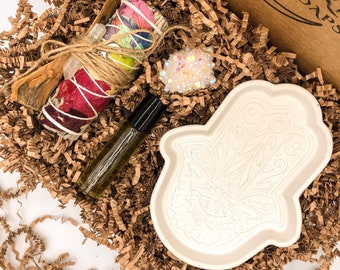 Palm Sage Tray Gift Box | Rainbow Quartz | Rainbow Sage Bundle | Witchy Gift Box | Get Well Gift | Spiritual Gift |   GiftBirthday