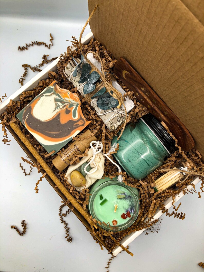 Oakmoss Amber Self Care Witchy Gift Box with Card Gift for Her or Him Sage Bundle Hemp Soap Gift for Friend GiftBirthday image 1