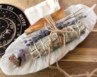 Feather Sage Tray Gift Box | Raw Amethyst | Lavender Sage Bundle | Witchy Gift Box | Get Well Gift | Spiritual Gift |   GiftBirthday