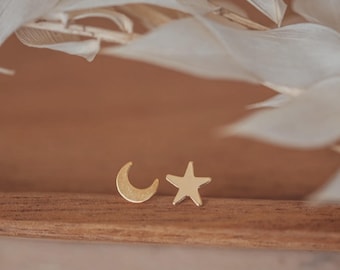14k Gold Filled Moon and Star Stud Earrings | Minimalist Jewelry