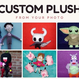 May include: A collage of custom plush toys featuring characters like a bride and groom, a white horned figure, a green creature, a red and black figure, a girl with four pigs, and a purple hippo. Text reads CUSTOM PLUSH FROM YOUR PHOTO.