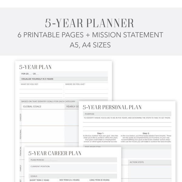 Planificateur de 5 ans Planificateur annuel de carrière personnelle 7 pages A4 A5