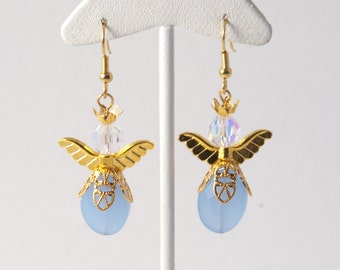 Gold Winged Angel and Light Blue Earrings