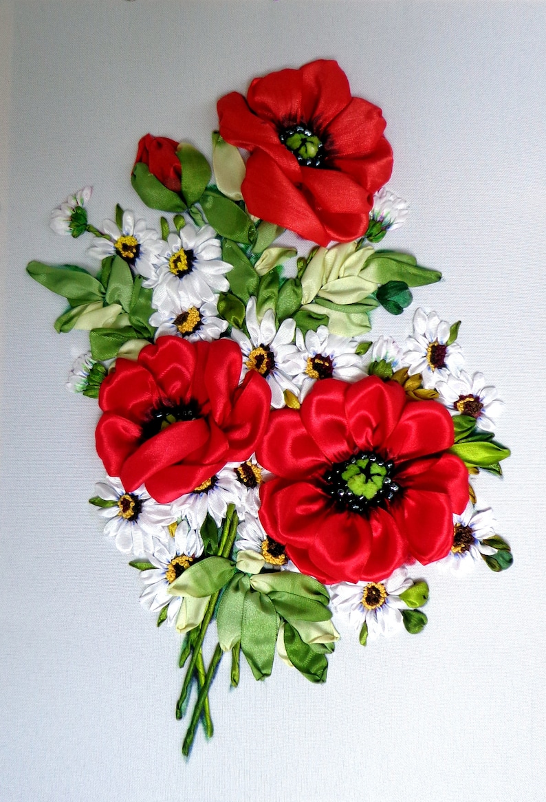 Red poppies Silk ribbon embroidery Wall Decor Etsy