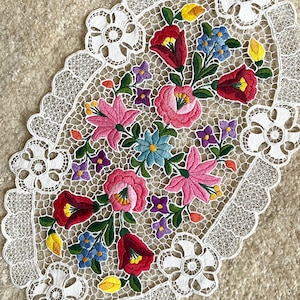 Hungarian hand embroidered tablecloth 17.7&quot; x 10.6&quot;  Hungarian richelieu tablecloth made in Kalocsa