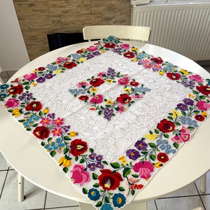 Hungarian square hand-embroidered openwork tablecloth. Tablecloth Richelieu. Made in Kalocsa