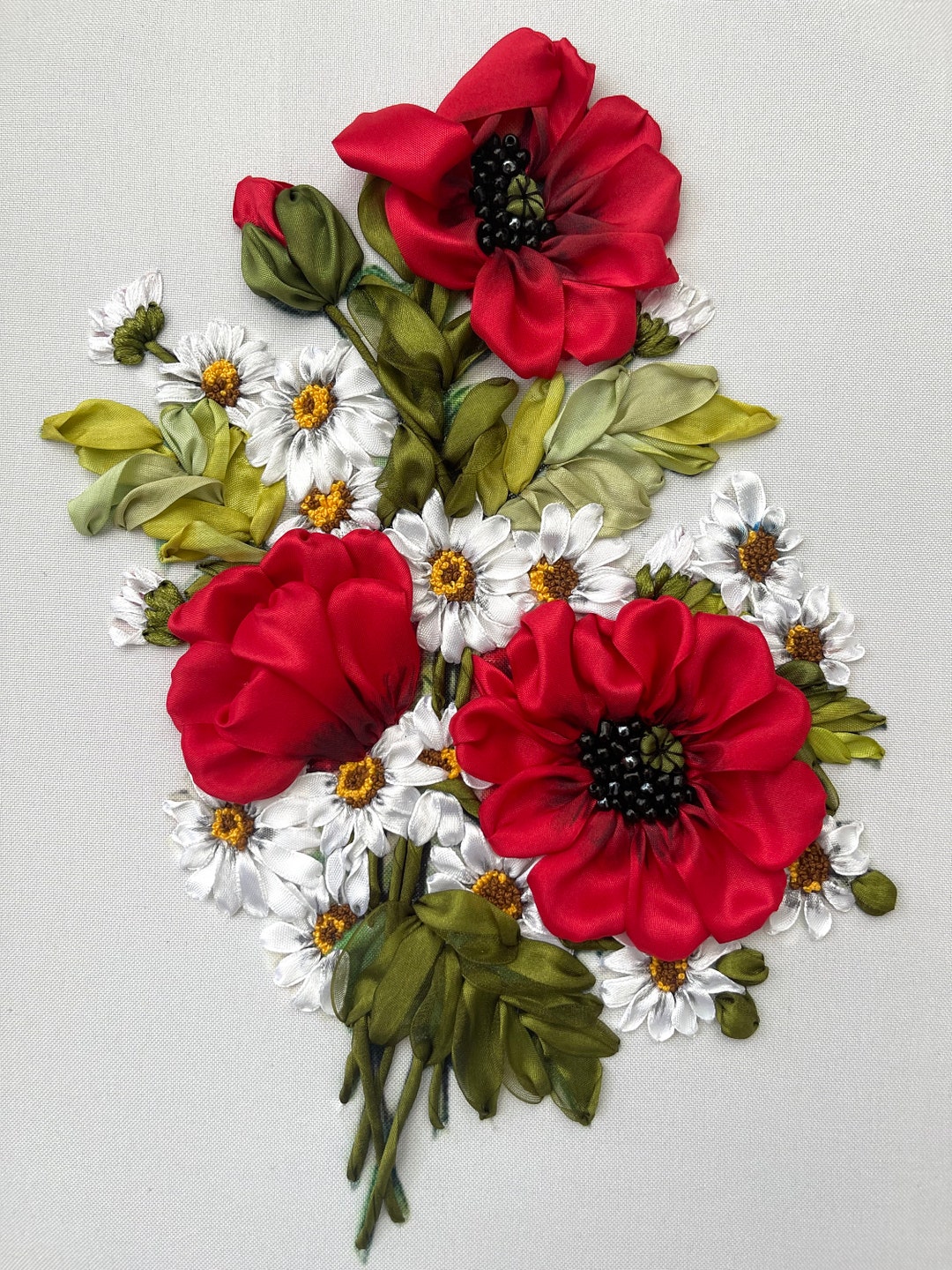 Red Poppies Silk Ribbon Embroidery Wall Decor Etsy