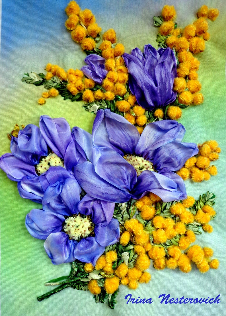 Mimosa embroidered picture jessecmault with silk ribbons 30   etsy