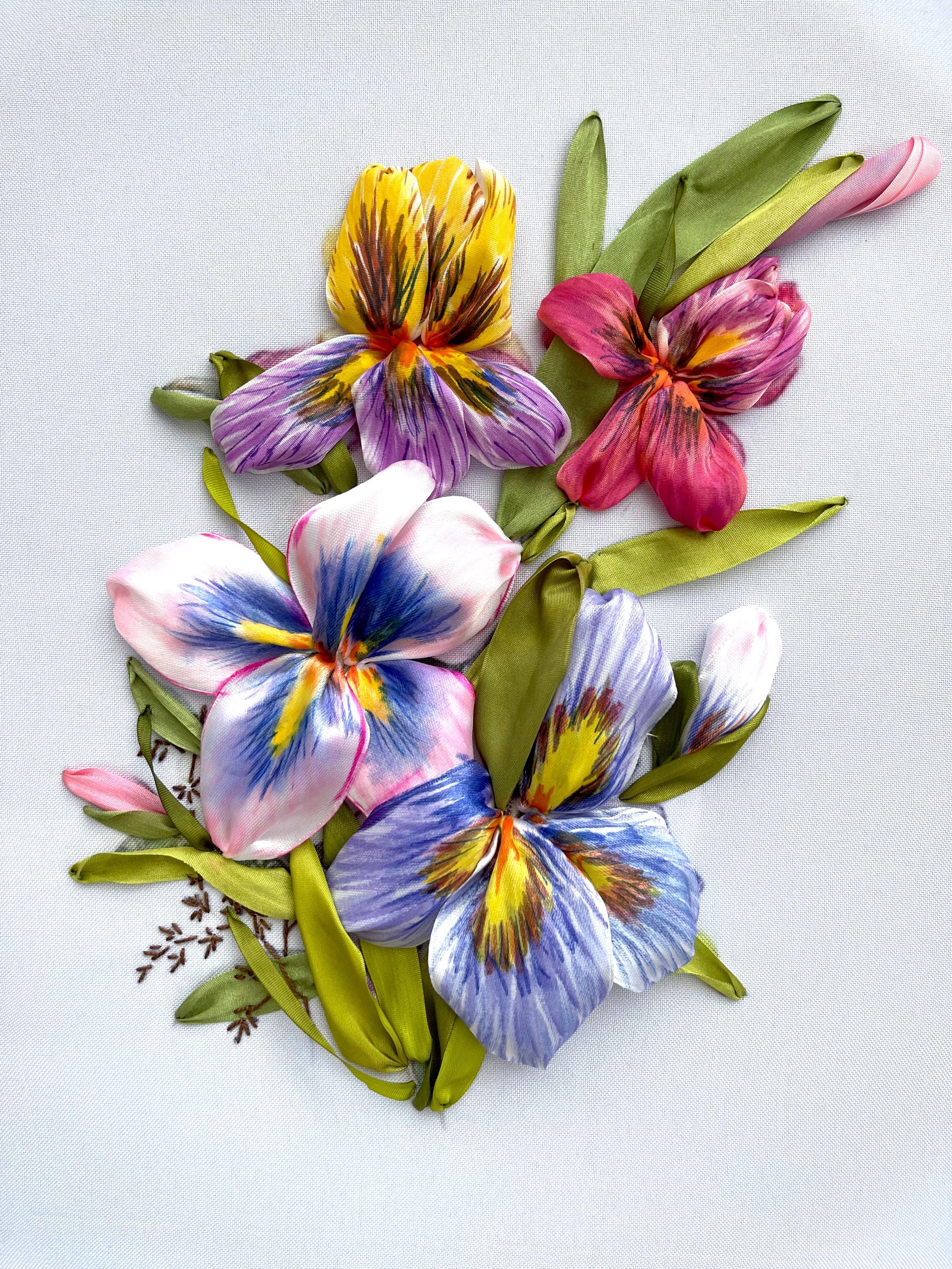 Ribbon embroidery picture Irises, Embroidery 3D
