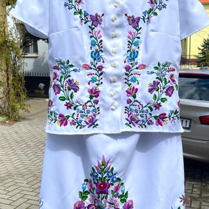 Hungarian handmade dress. White suit with hand-made Hungarian embroidery. Floral vintage dress with hand embroidery.