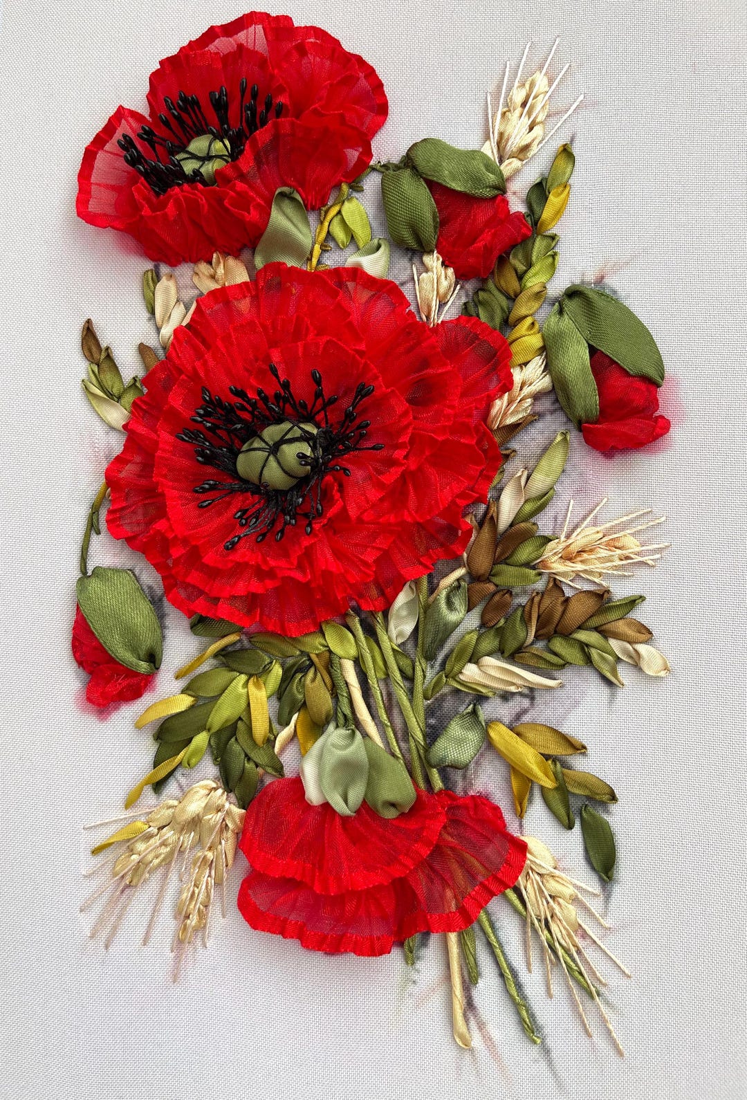 Red Poppies Silk Ribbon Embroidery Wall Decor "wildflowers" - Etsy
