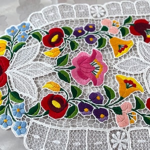Hungarian richelieu tablecloth. Hand embroidered tablecloth 31.4&quot; x 12.2&quot;  Hungarian richelieu tablecloth made in Kalocsa