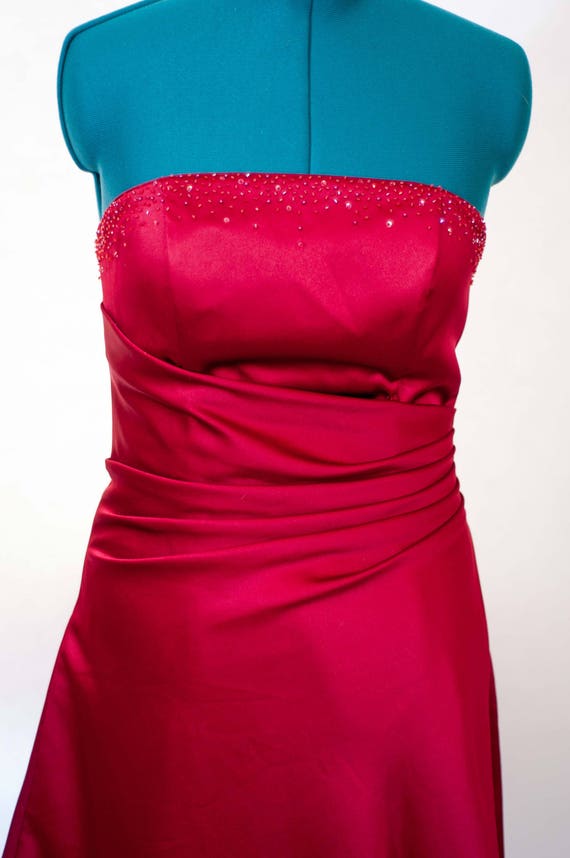 Red Corset Strapless Satin Prom Dress, Vintage 199