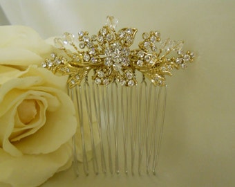 Crystal Wedding Comb Gold, Floral Wedding Hair Comb, Handmade Wedding Comb, Crystal Bridal Comb, Gold Crystal Hair Comb