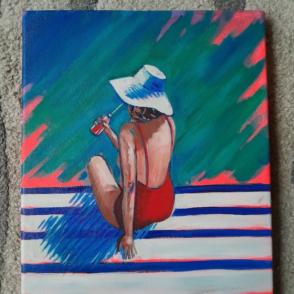 femme au chapeau blanc peinture à l'huile, oeuvre originale