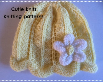 Pdf  knitting pattern for baby girls hat, beanie, cap, bonnet. instant download, to knit in 3 sizes, newborn, 0-3 & 3-6 months.