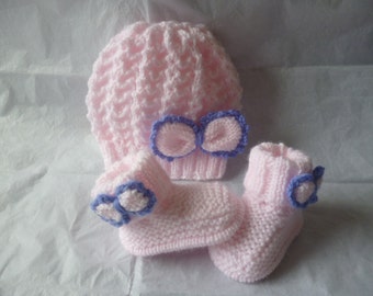 Knitting pattern   (instant download) for baby girls hat, beanie,cap & booties,boots,bootees,pram shoes, To knit in 0-3 months.