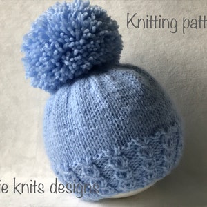 PDF Stickmönsterinstruktioner för att sticka en pom-pom-mössa för babyflicka eller pojke i 6 storlekar. #118