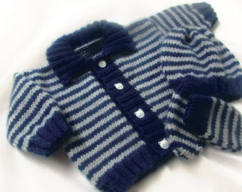 Pdf  knitting pattern 46 for a baby girls or boys hat, cardigan & mittens set, to knit in 3 sizes.