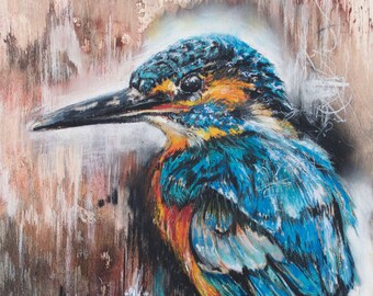 Kingfisher - unframed A4 - 21x29cm - modern bird drawing - bird lover - colourful modern kingfisher wall art