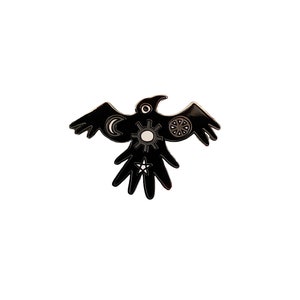 Crow Enamel Pictish Pin Badge Black/Grey 38mm talisman raven fantasy good luck goth cosmic bird lover lucky charm image 2