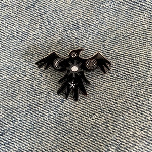 Crow Enamel Pictish Pin Badge Black/Grey 38mm talisman raven fantasy good luck goth cosmic bird lover lucky charm image 3