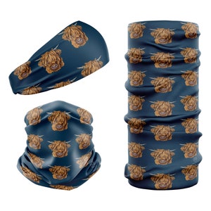 Blue Highland Cow Headwear/Neckwear neck gaiter tube scarf snood biking running recycled materials image 3