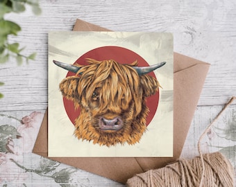 Red Highland Cow Greeting Card - Scottish hairy coo - cute animals - funny cow