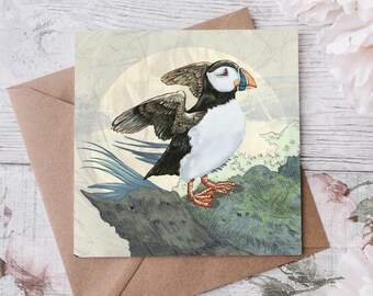 Puffin Greeting Card - Cute Puffin on Rock - Scottish Seabird - blank card