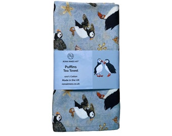 Puffins tea towel - bird watcher - animal lover - Scottish wildlife - nature lover