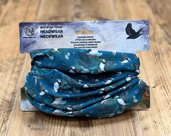 Blue Puffin Headwear/Neckwear- neck gaiter- tube scarf- snood - biking - running - recycled materials