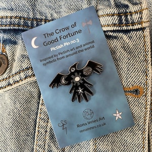 Crow Enamel Pictish Pin Badge Black/Grey 38mm talisman raven fantasy good luck goth cosmic bird lover lucky charm image 1