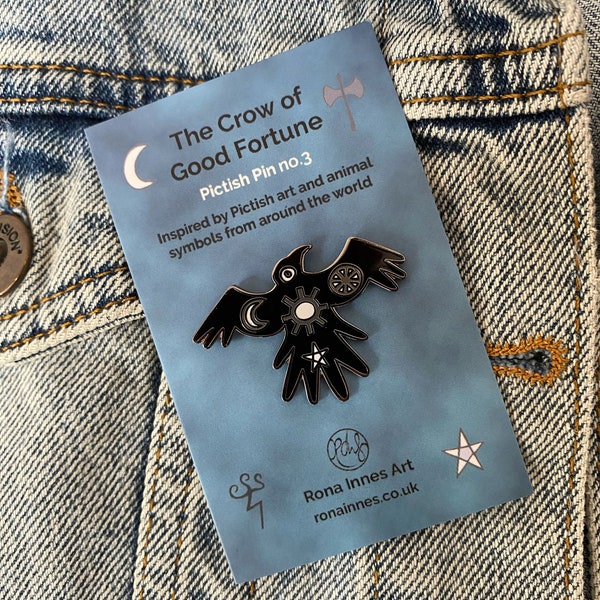 Crow Enamel Pictish Pin Badge Black/Grey - 38mm - talisman - raven - fantasy - good luck - goth - cosmic - bird lover - lucky charm