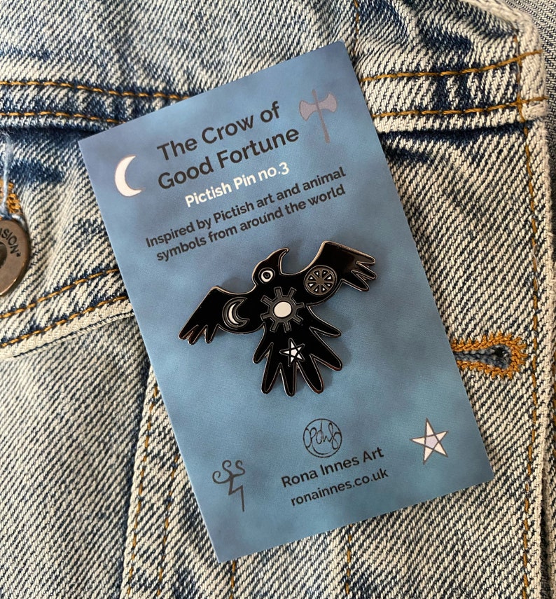 Crow Enamel Pictish Pin Badge Black/Grey 38mm talisman raven fantasy good luck goth cosmic bird lover lucky charm image 1