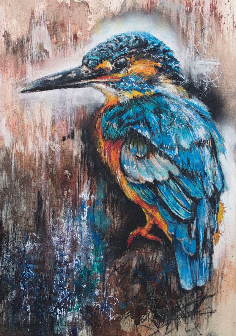 Kingfisher unframed A4 21x29cm modern bird drawing bird lover colourful modern kingfisher wall art image 1